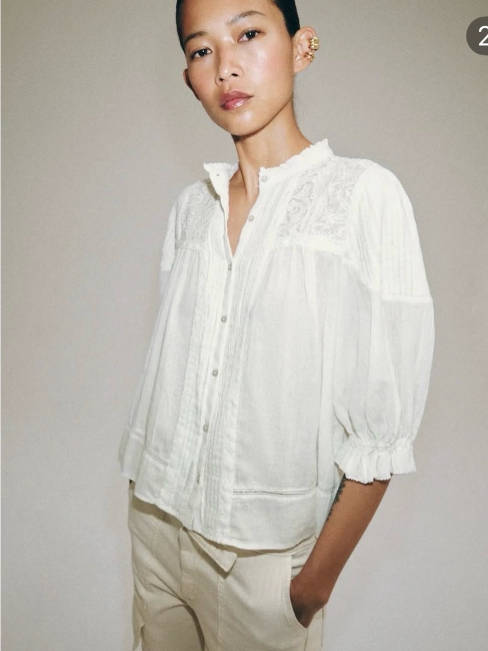 Zara Ivory Lace-Yoke Button-Down Blouse